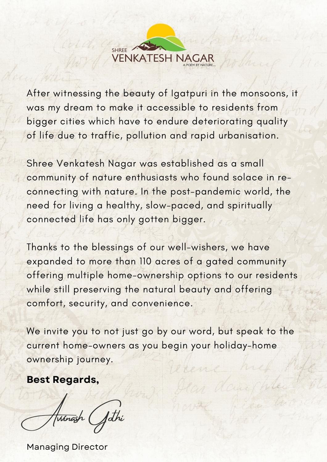 Letter from Shree Venkatesh Nagar Igatpuri Managing Director