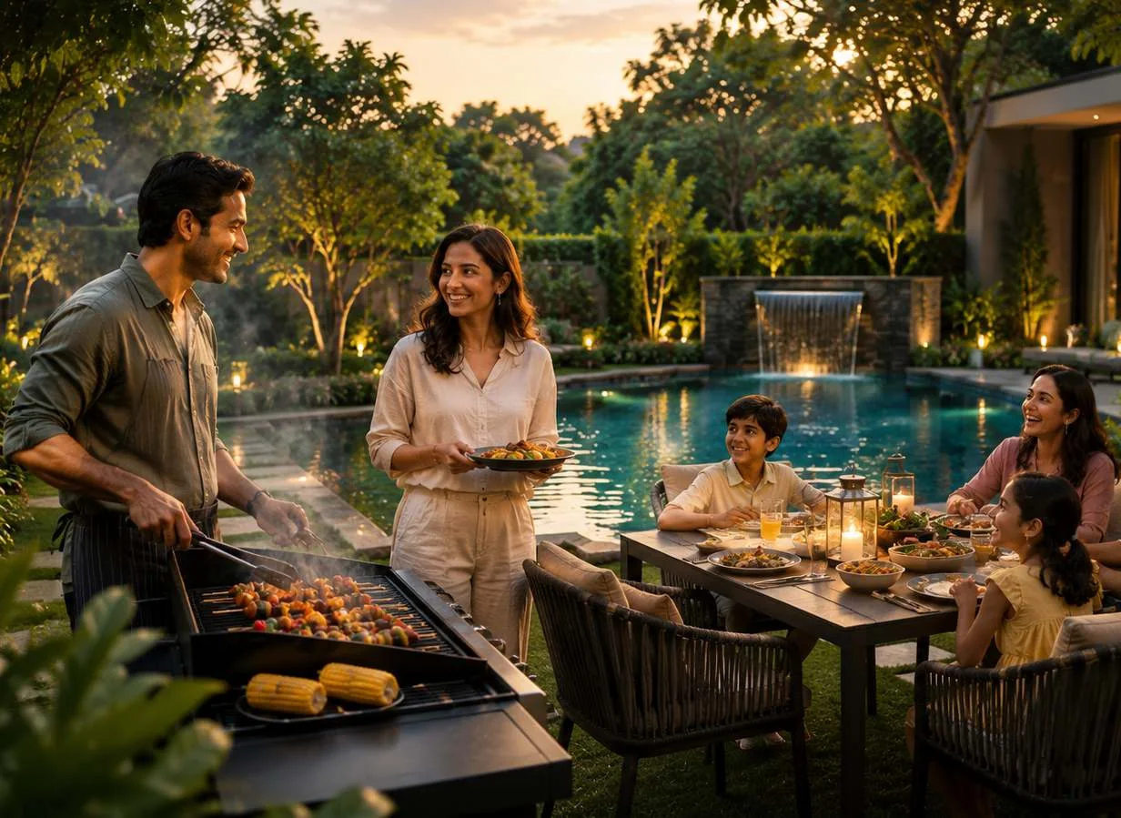 Outdoor family barbecue and lawn moments at Rosewood Villa