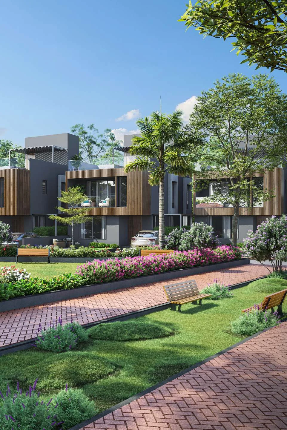 Landscaped garden walkway between the Rosewood villas