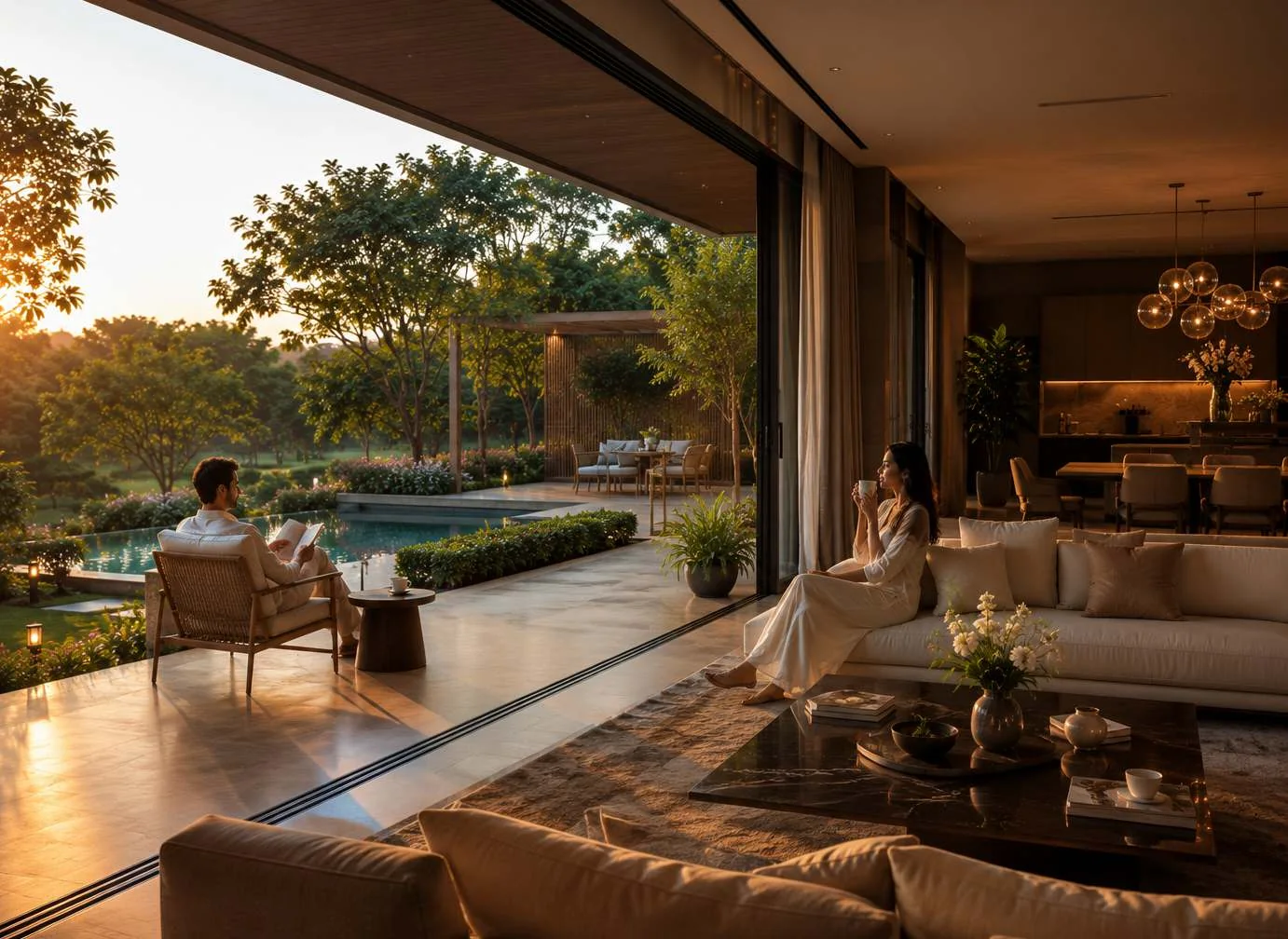 Indoor-outdoor living framed by hill views