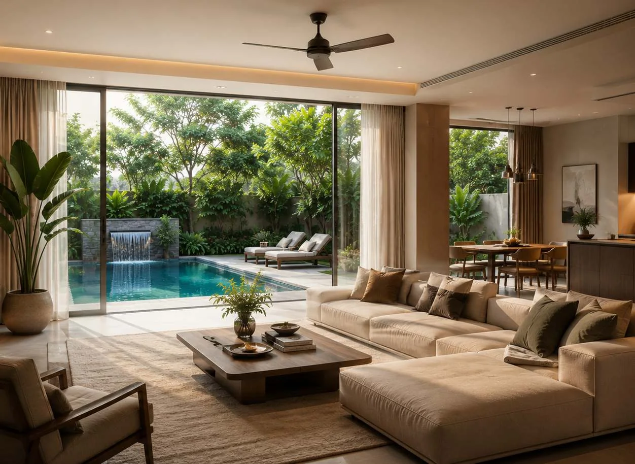 Living room opening directly onto private pool courtyard