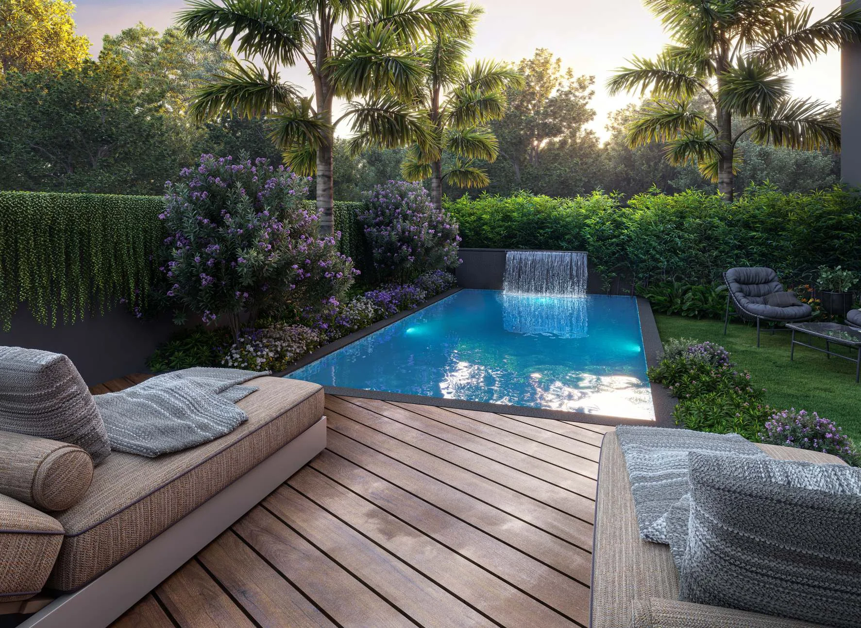 Private swimming pool on wooden terrace deck
