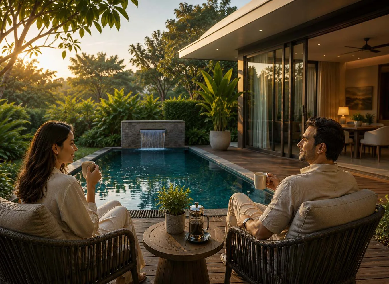 Poolside relaxation lounge under open skies