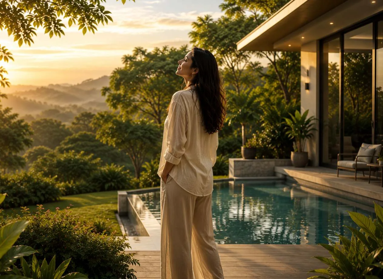 Evening beside the private pool at Rosewood Villa Igatpuri